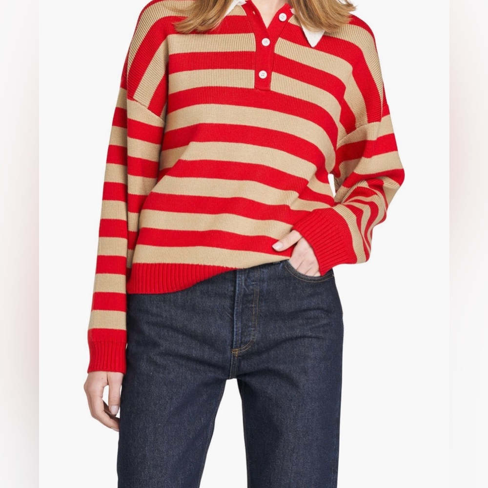 Wayf Red and Tan Striped Crew Neck Sweater